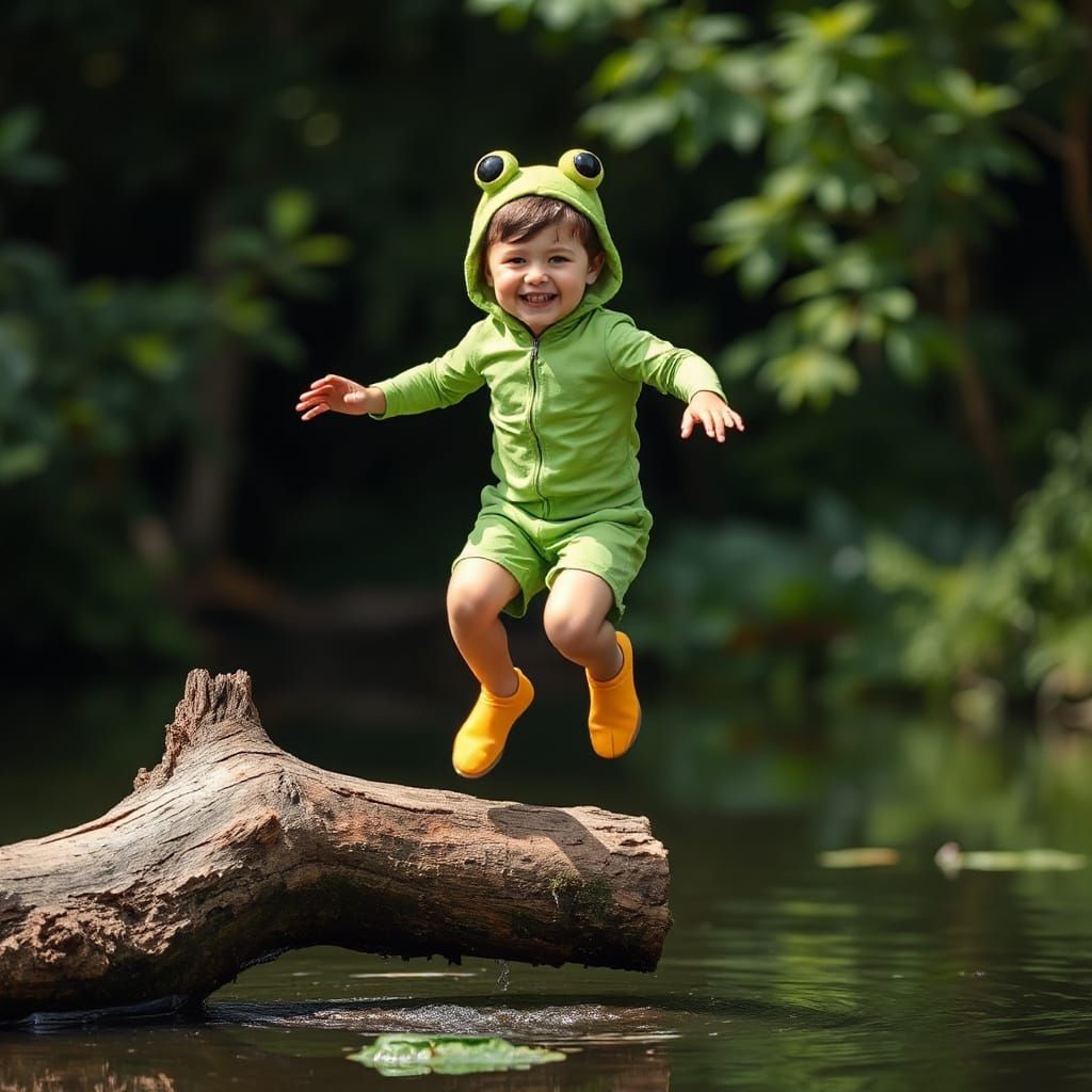 Boy Dressed as Frog Leaping with Joy
