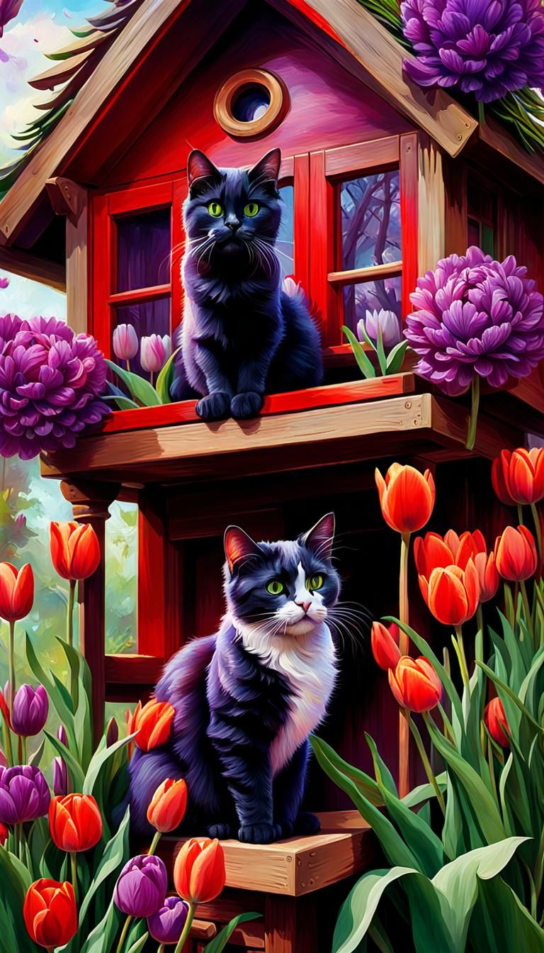 Cat Family Treehouse: Maximalist Oil Painting