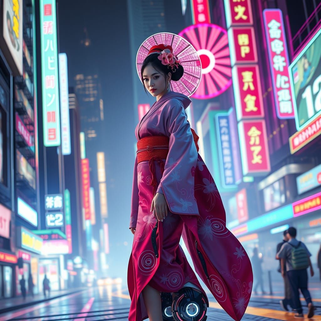 Futuristic Geisha in Neon Cityscape, Cyberpunk Art
