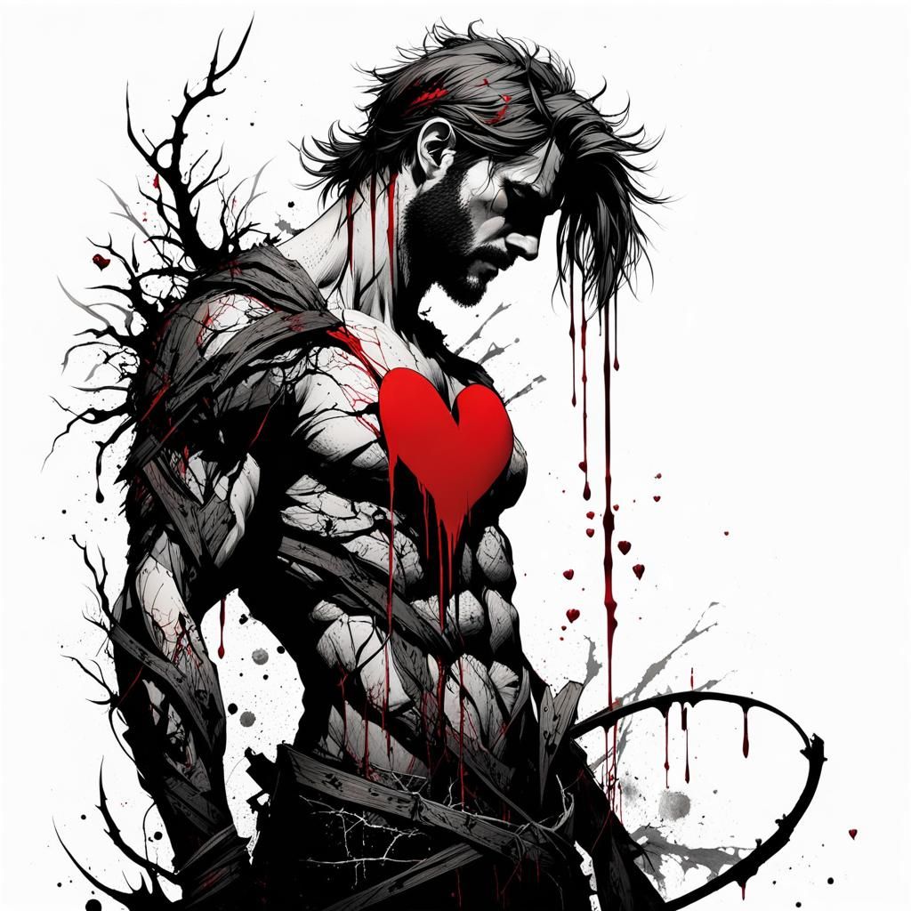 Wounded Heart: Haunting Ink Wash Portrait in Digital Art