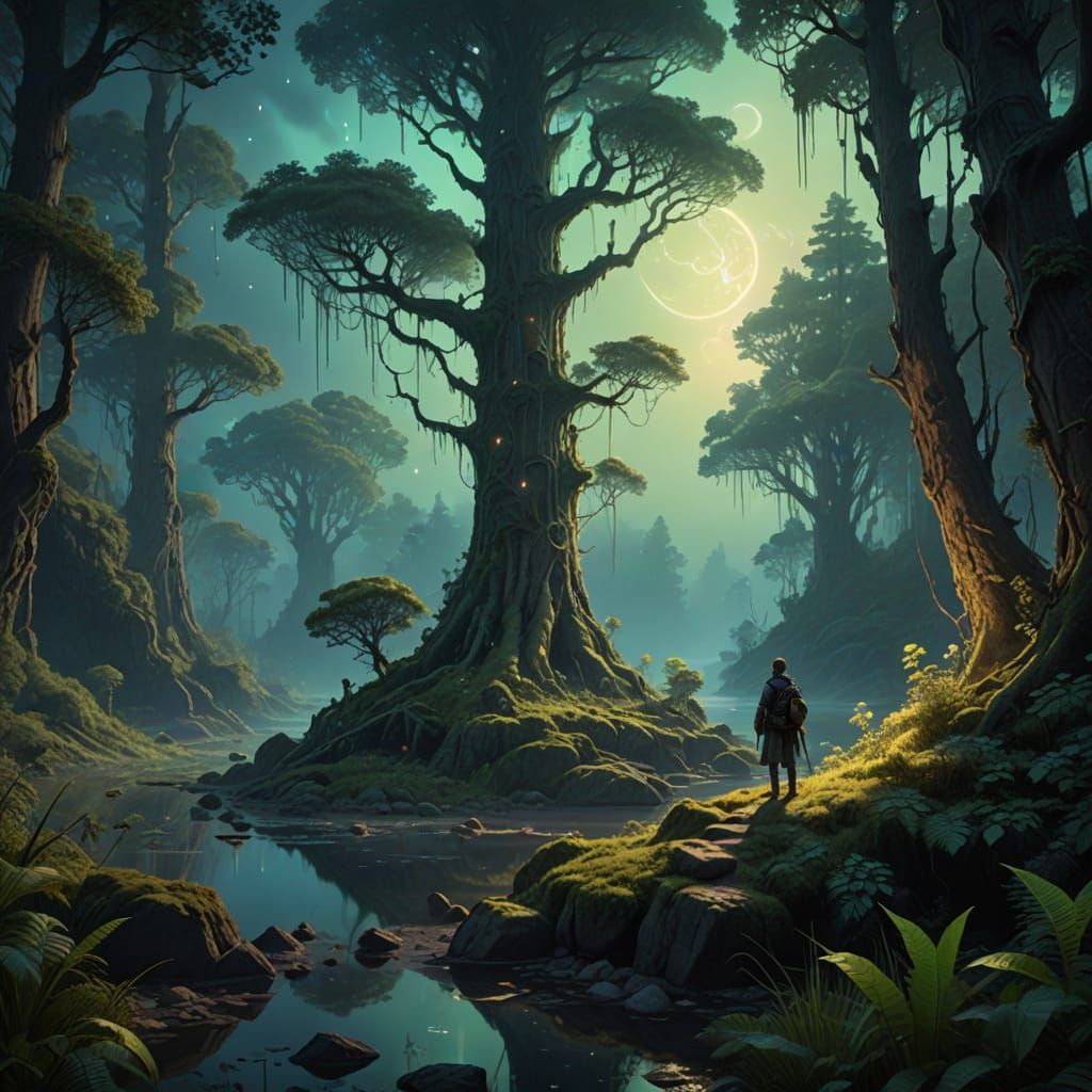 Lone Traveler in Ancient Bioluminescent Forest
