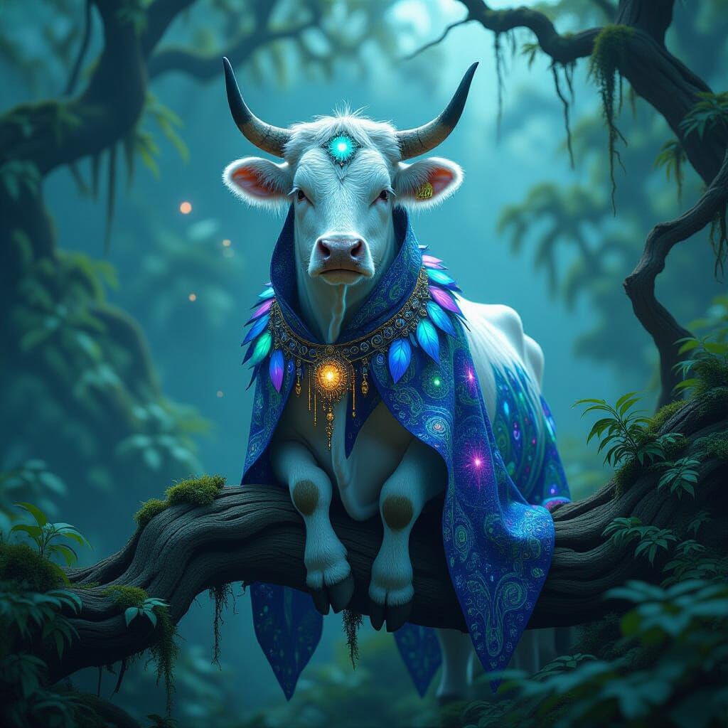 Majestic Feathered Cow in Mystical Forest