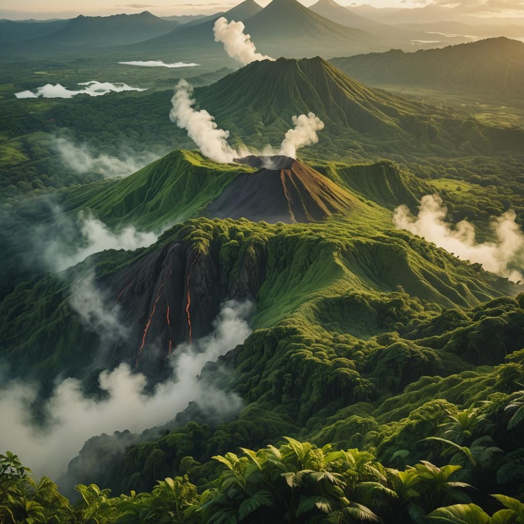 Verdant Volcano Peak in Golden Light