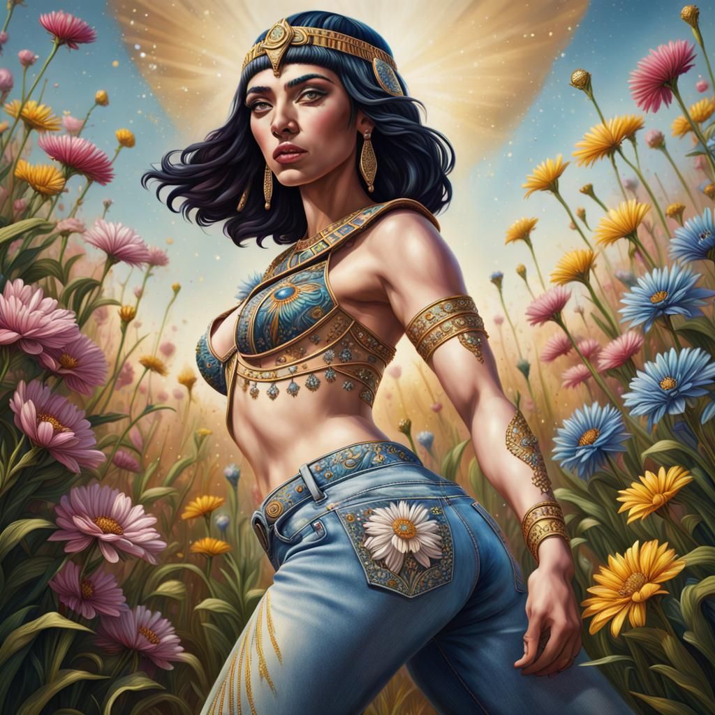 Cleopatra's Embroidered Jeans: Hyperrealistic Fashion Art