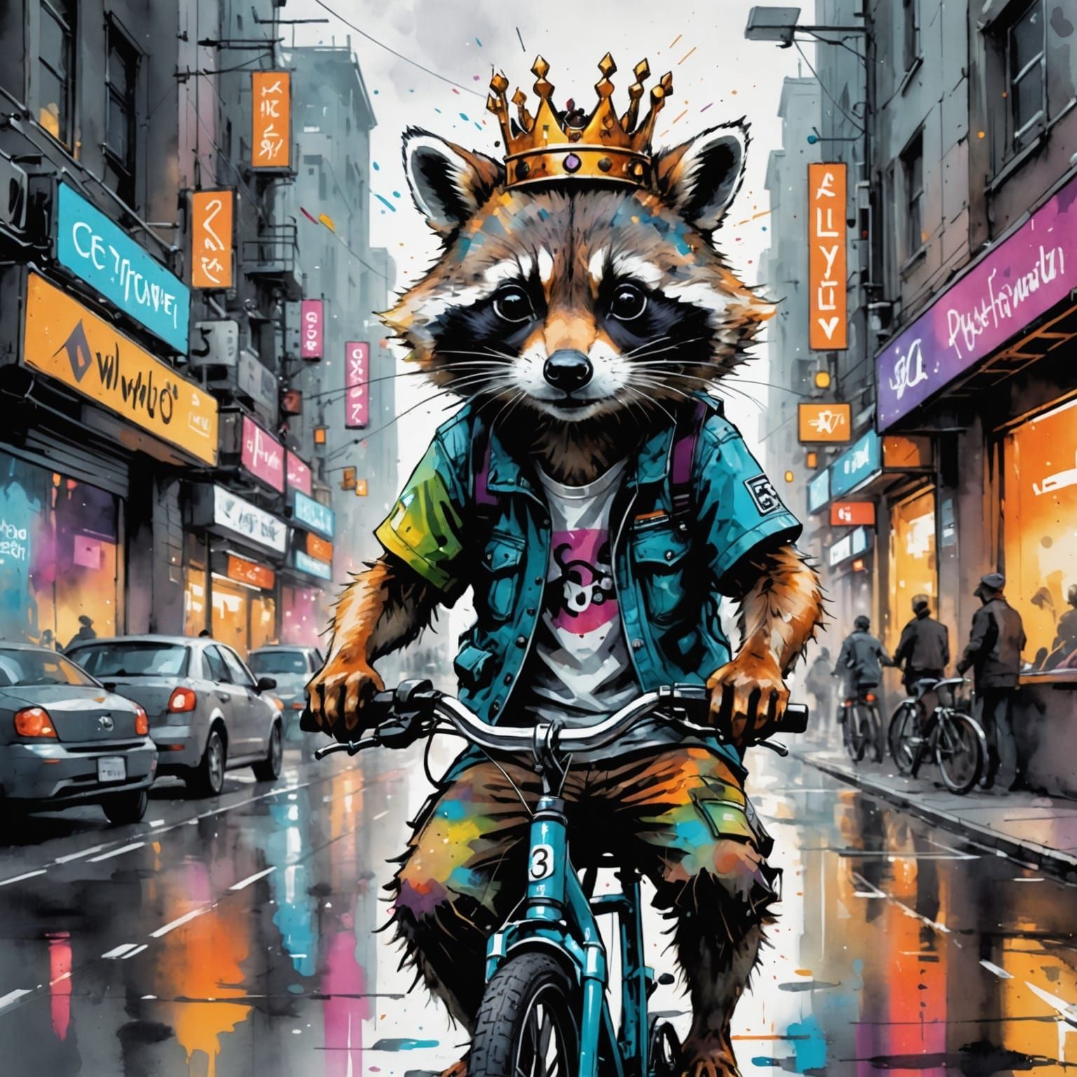 Raccoon Royalty Rides: Vibrant Scratch Ink Cityscape