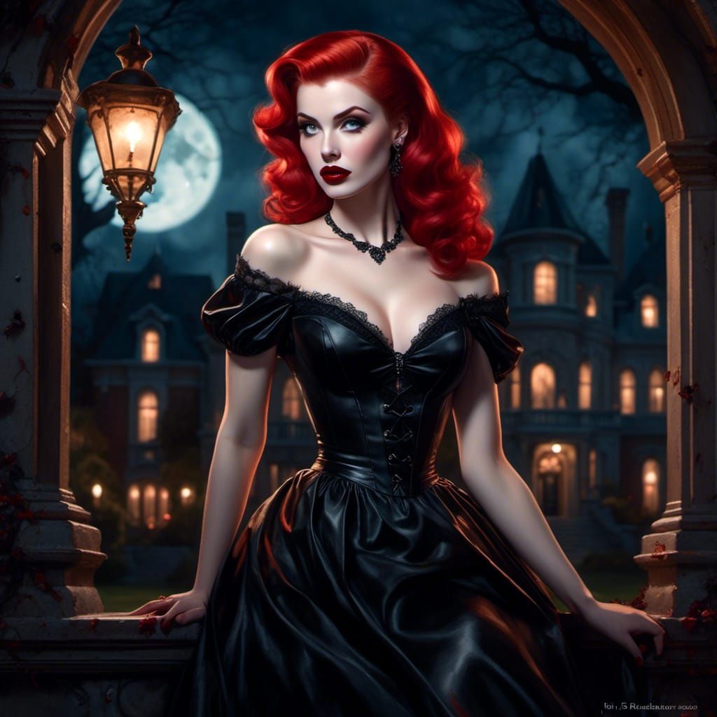 Redhead Vampire Pinup Portrait as Watercolor Painting