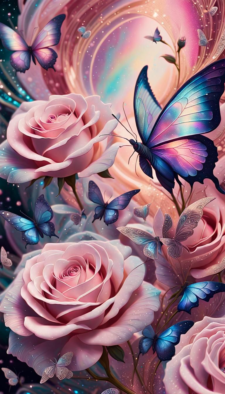 Pink Roses and Butterflies: A Visionary Astral Illustration