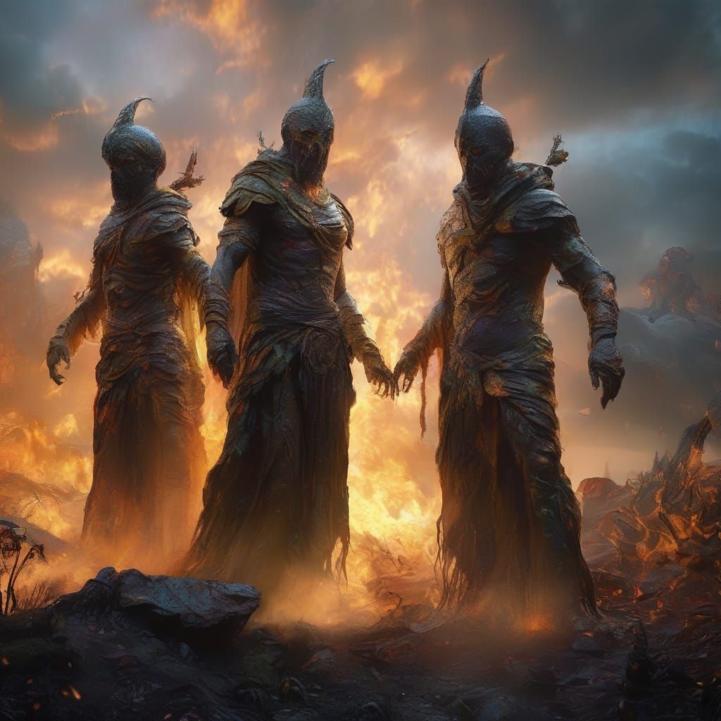 Ethereal Fantasy: Three Figures Merge in Sinister Mist