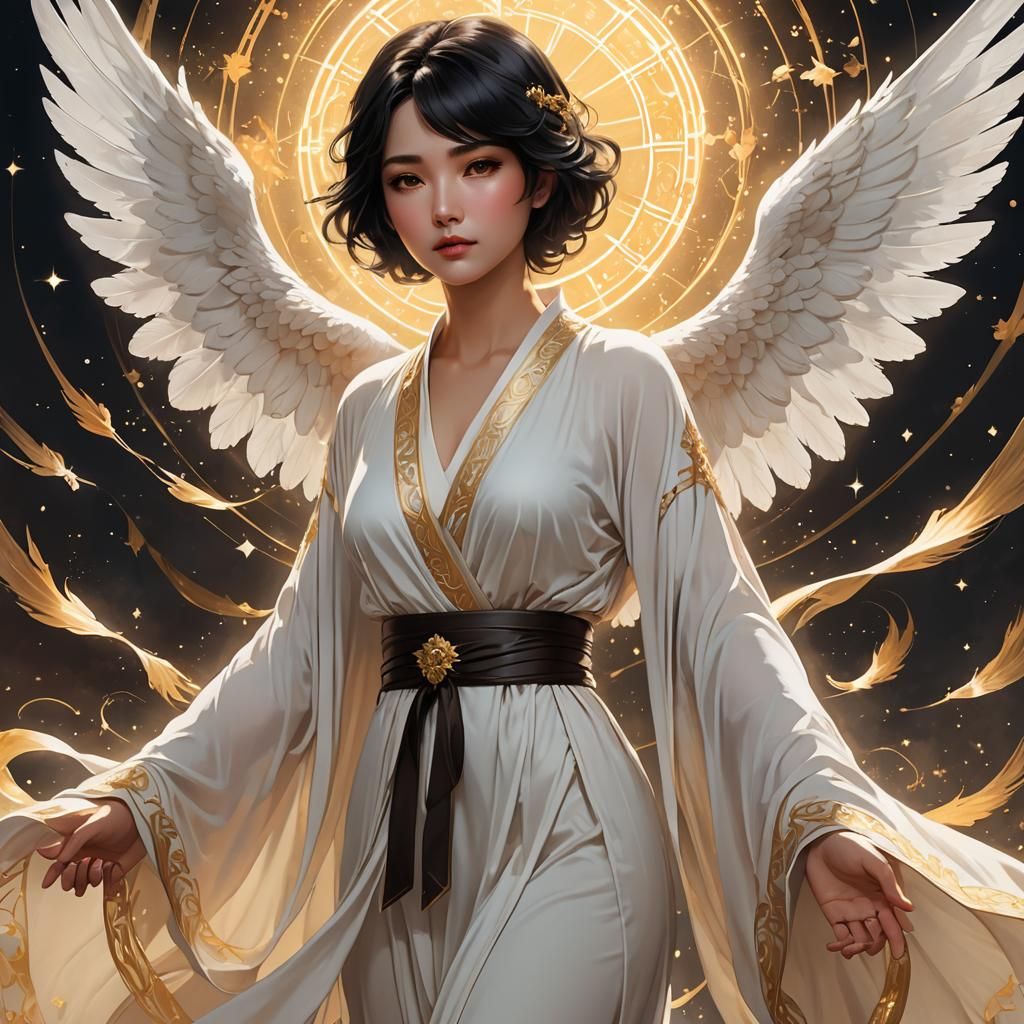 Angelic Woman with Wings in Line Art Style