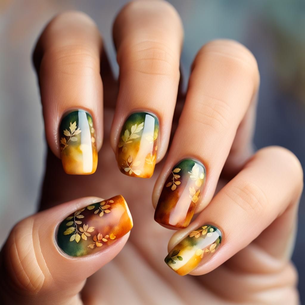 Delicate Watercolor Nail Art with Autumnal Design