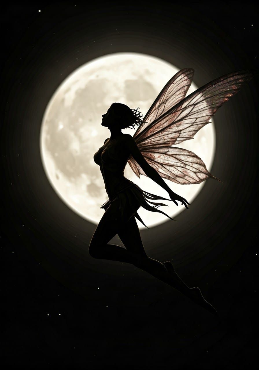 Ethereal Fairy Silhouette Against a Luminous Moon
