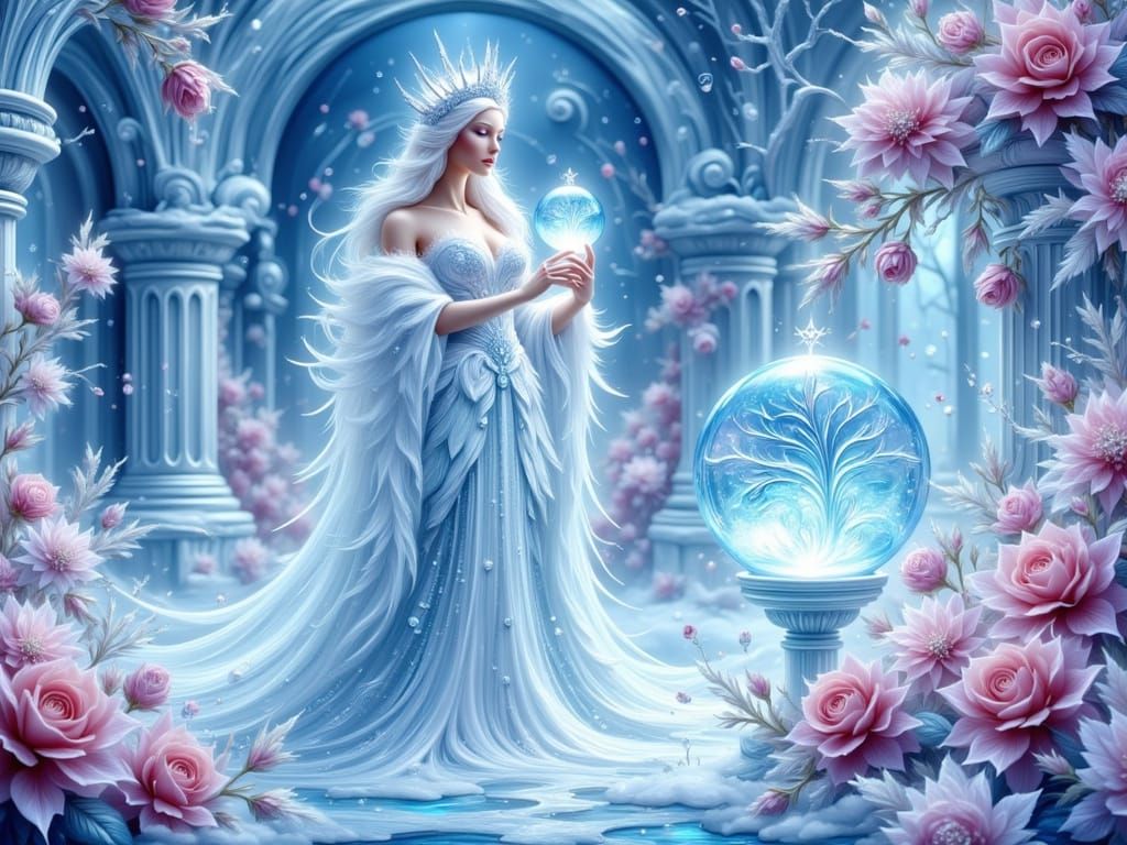 Ethereal Glacial Queen Holding Bioluminescent Globe