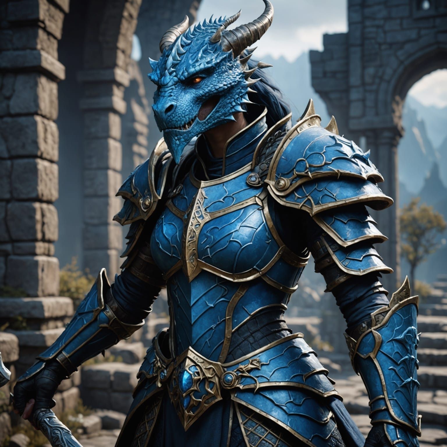 Detailed Blue Dragonborn Paladin Fantasy Art