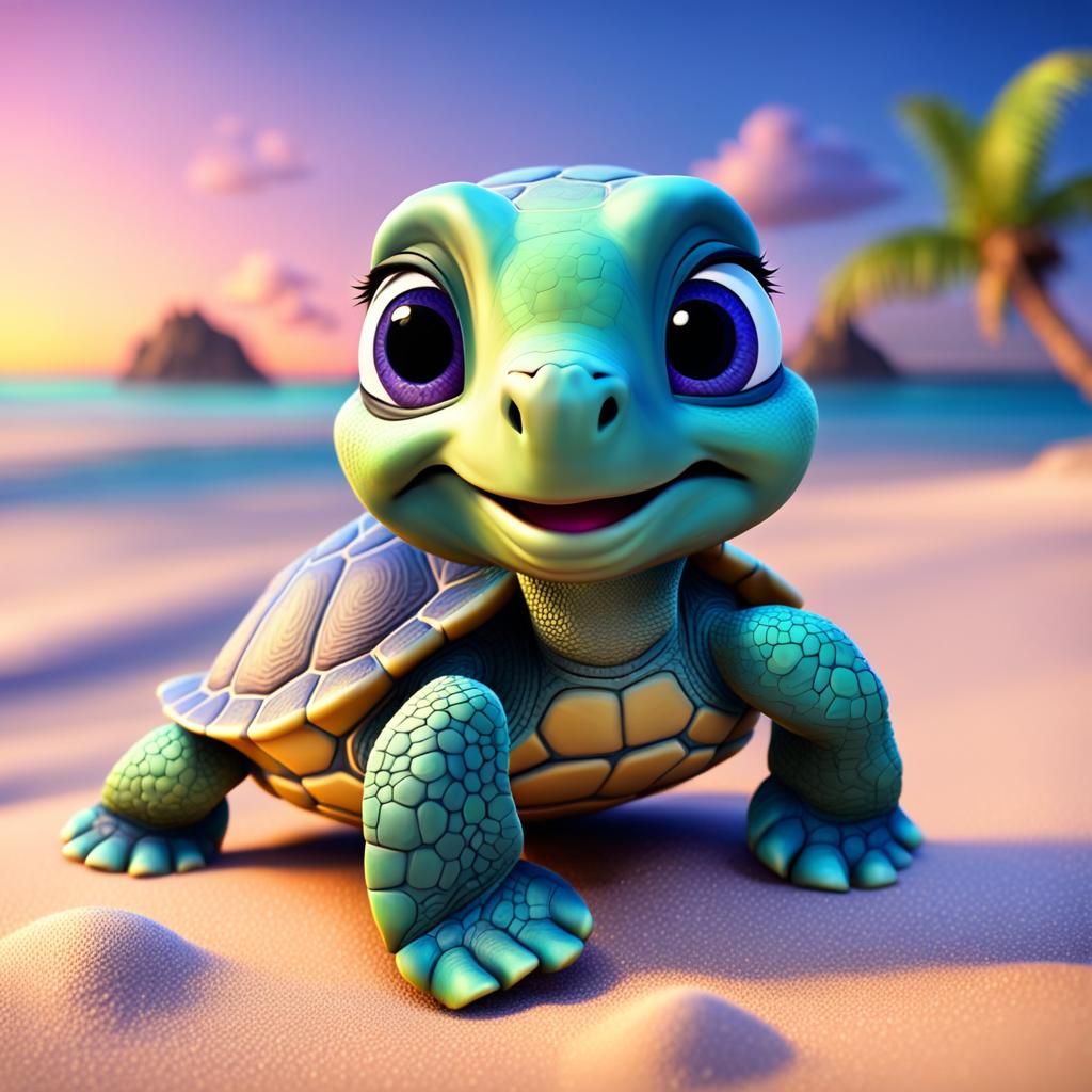 Cute Baby Turtle on the Beach: 3D Digital Art