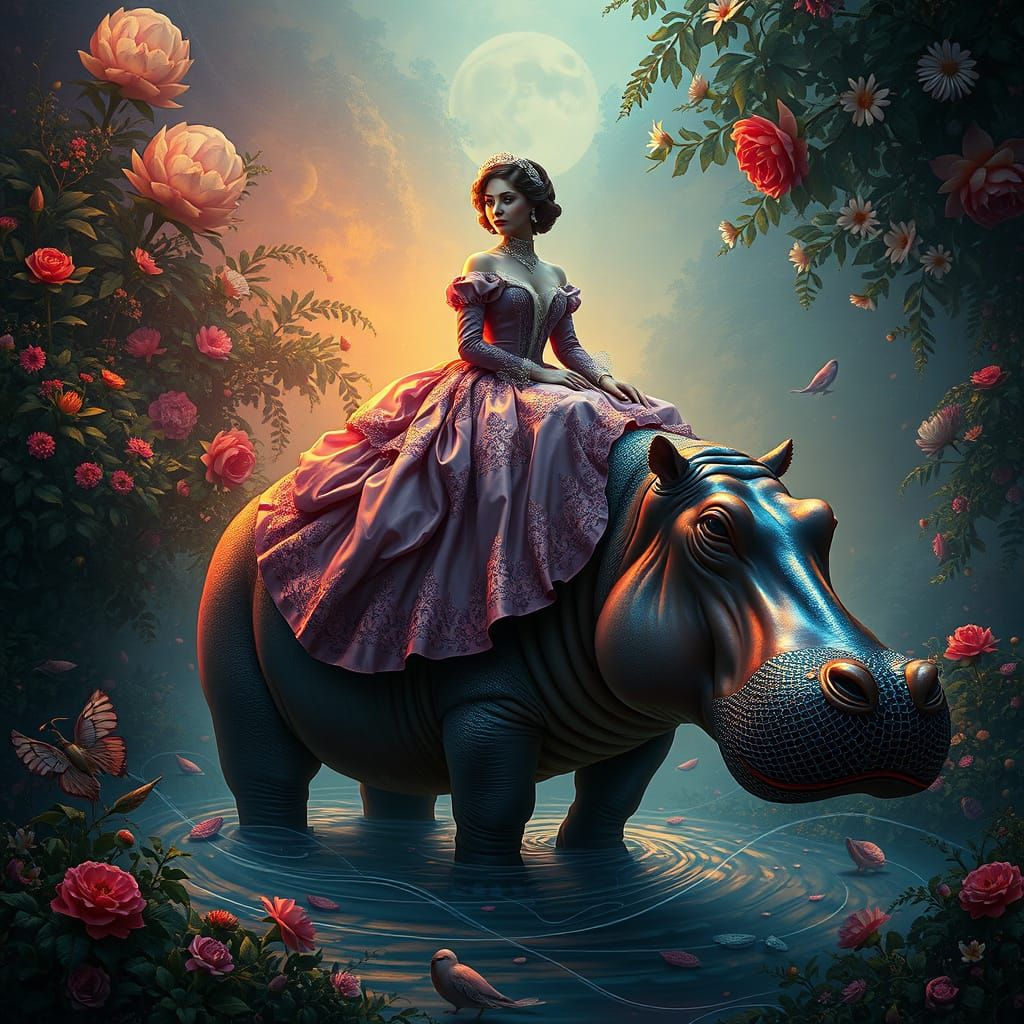 Woman in Edwardian Gown Sits Serenely on a Shimmering Hippop...