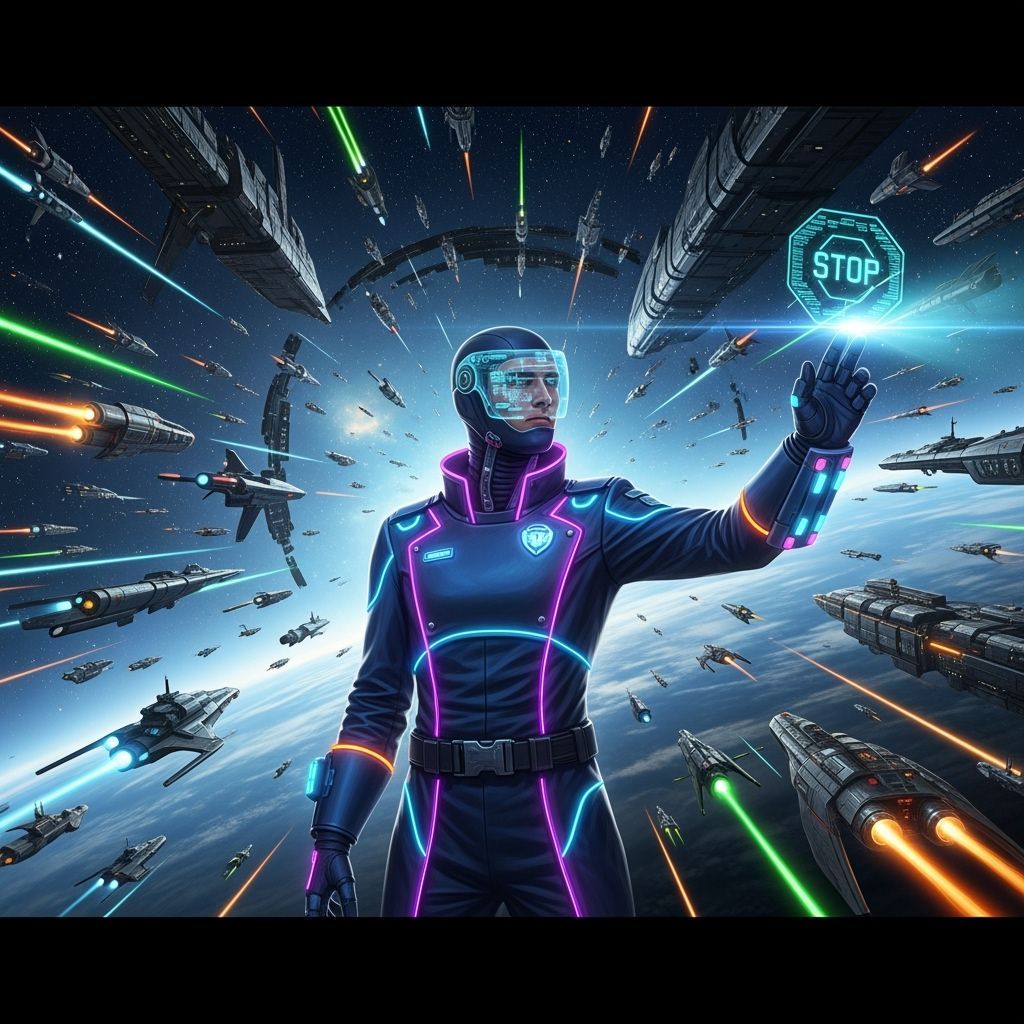 Galactic Police Officer Directing Spaceships in Neon Cosmos