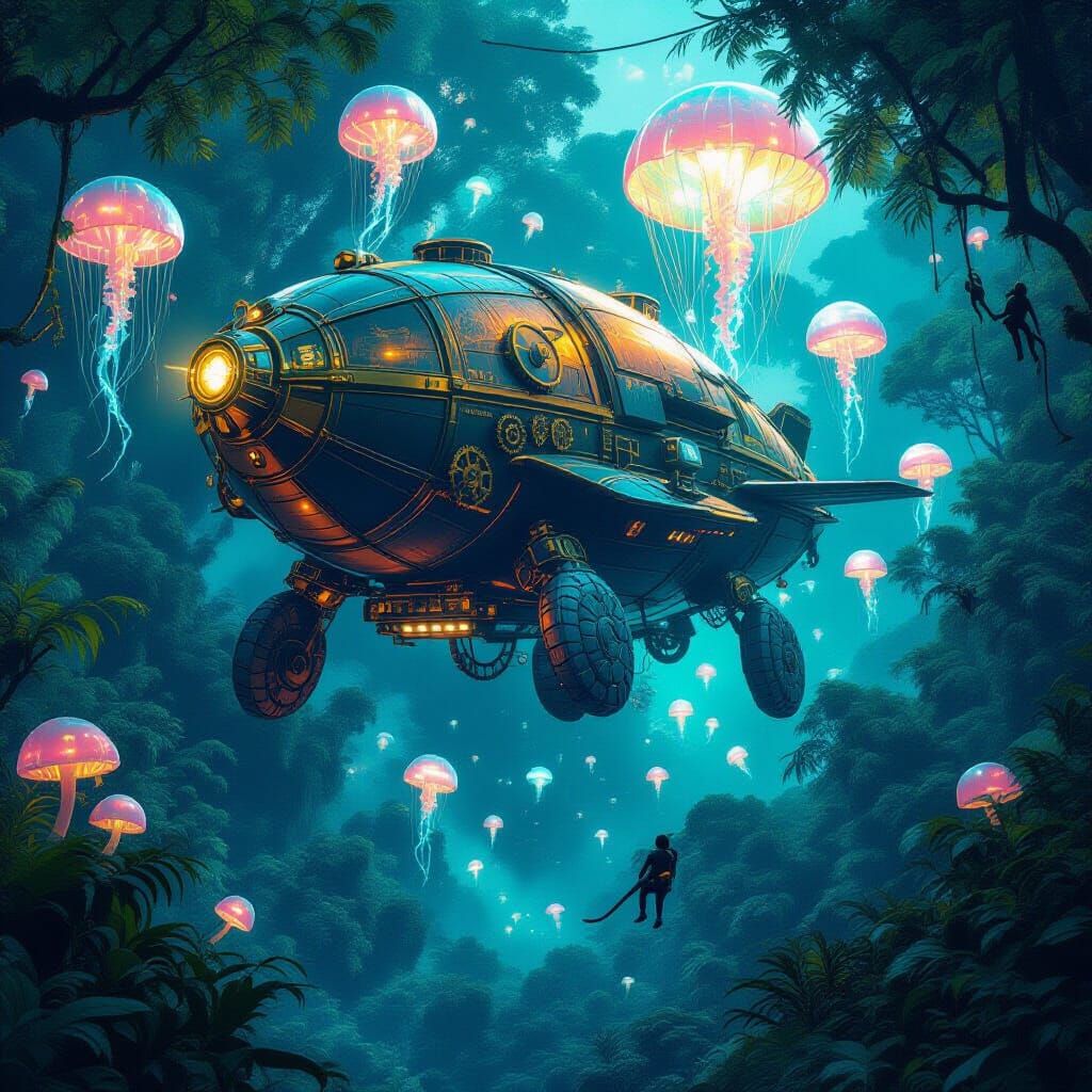 Steampunk Tortoise Airship Soaring Through Alien Jungle