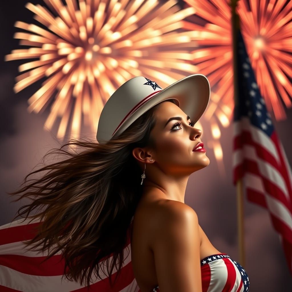 Patriotic American Woman with Flag and Fireworks