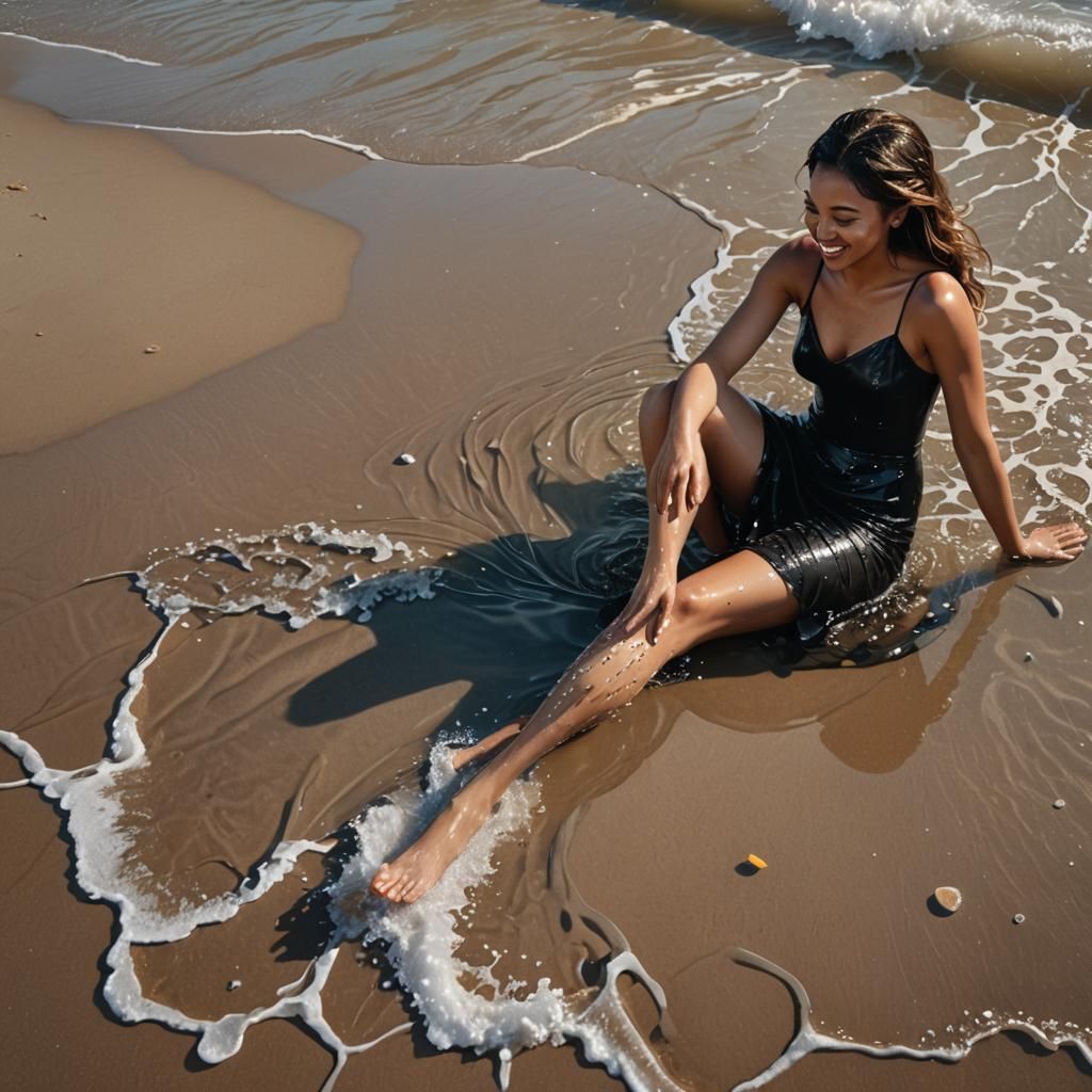 Hyperrealistic Beach Scene with Girl in Water