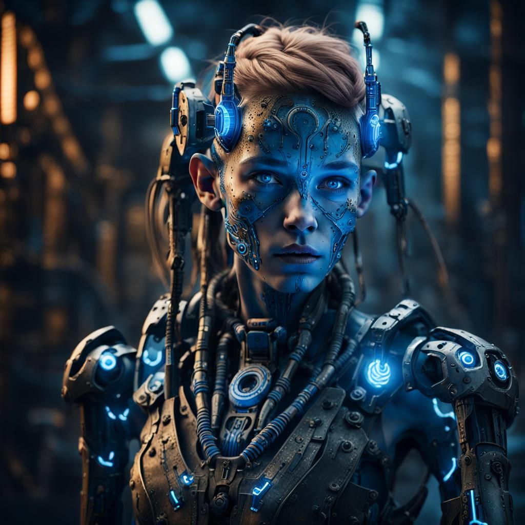 Biomechanical War Elf Portrait in Gritty Industrial Setting