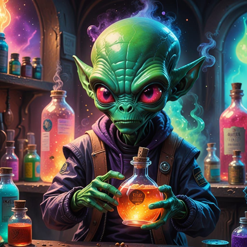 Whimsical Alien Holds Enchanted Potion Bottle in Vibrant Pas...