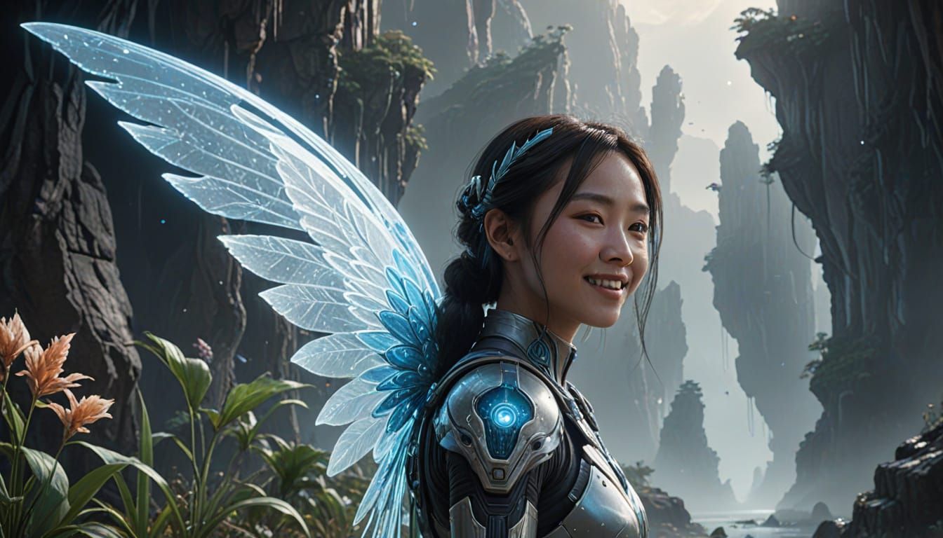 Ethereal Asian Woman with Wings on Alien Planet