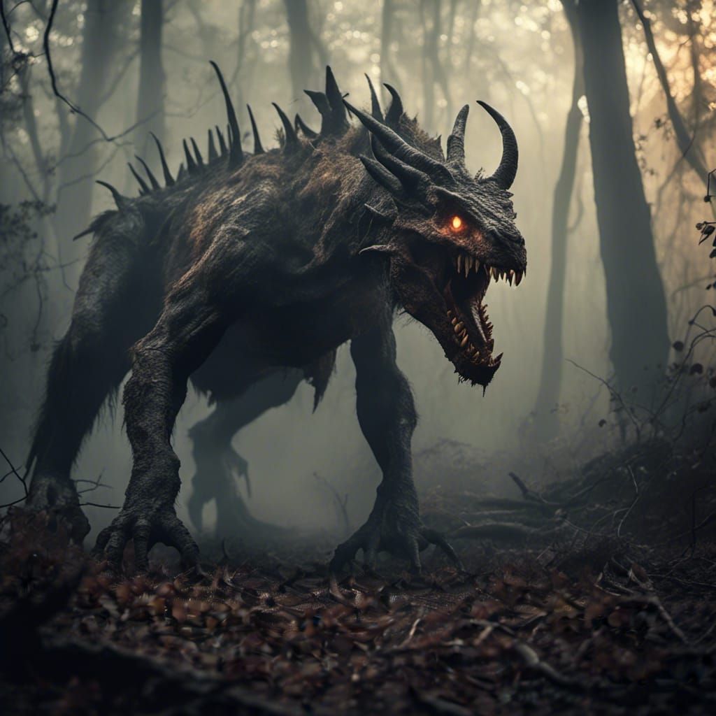 Carnivorous Monster Prowls Misty Forest in Dark Fantasy