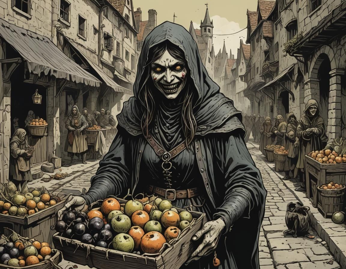 Sinister Fruit Vendor in Grimy Medieval Street
