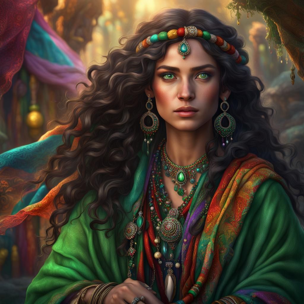 Mysterious Gypsy Woman: Detailed Matte Painting in Deep Colo...