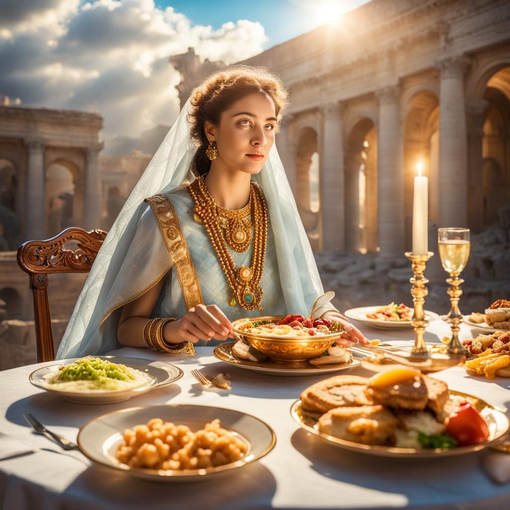 Roman Goddess at Decadent Banquet in Divine Light