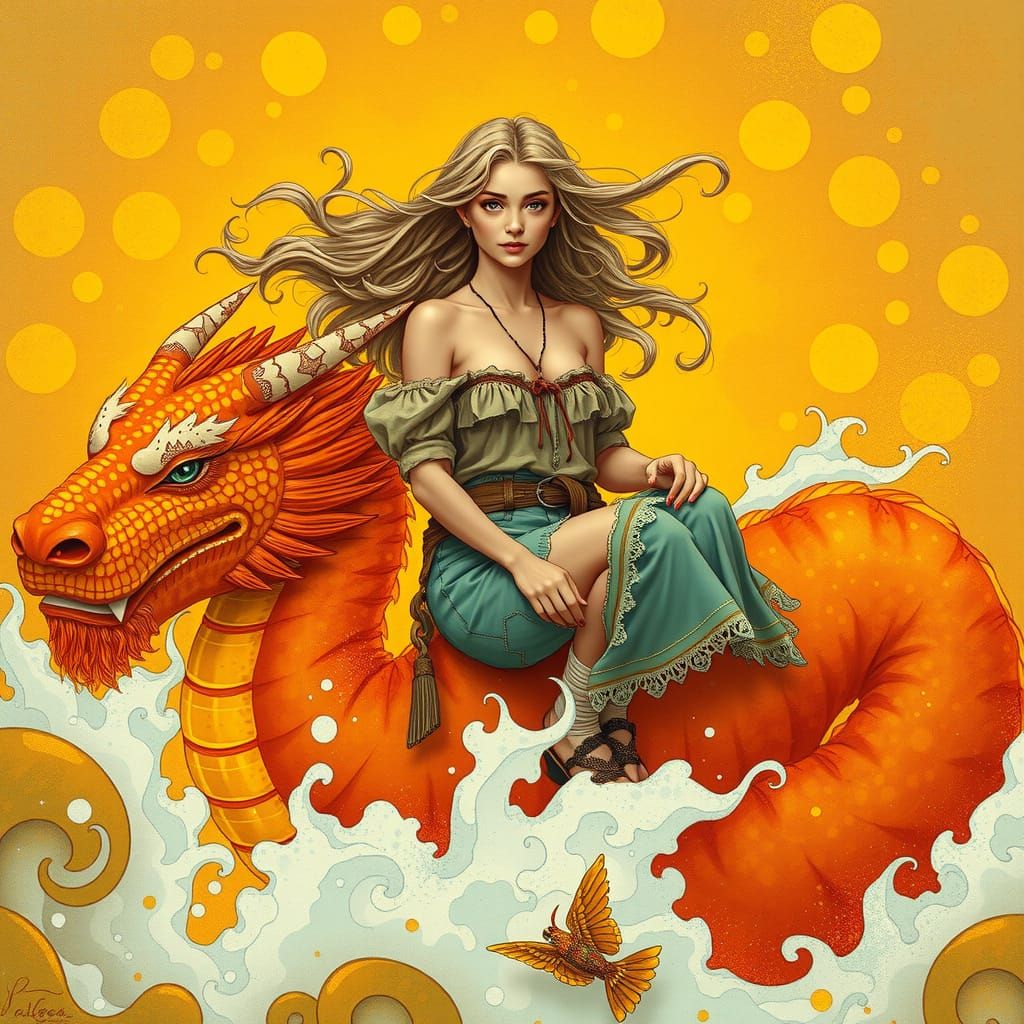 Bohemian Woman Riding Gummy Dragon in Soda Sea