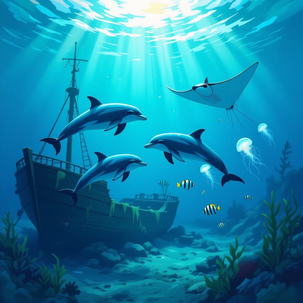 Shipwreck Scene with Dolphins in Dreamy Style