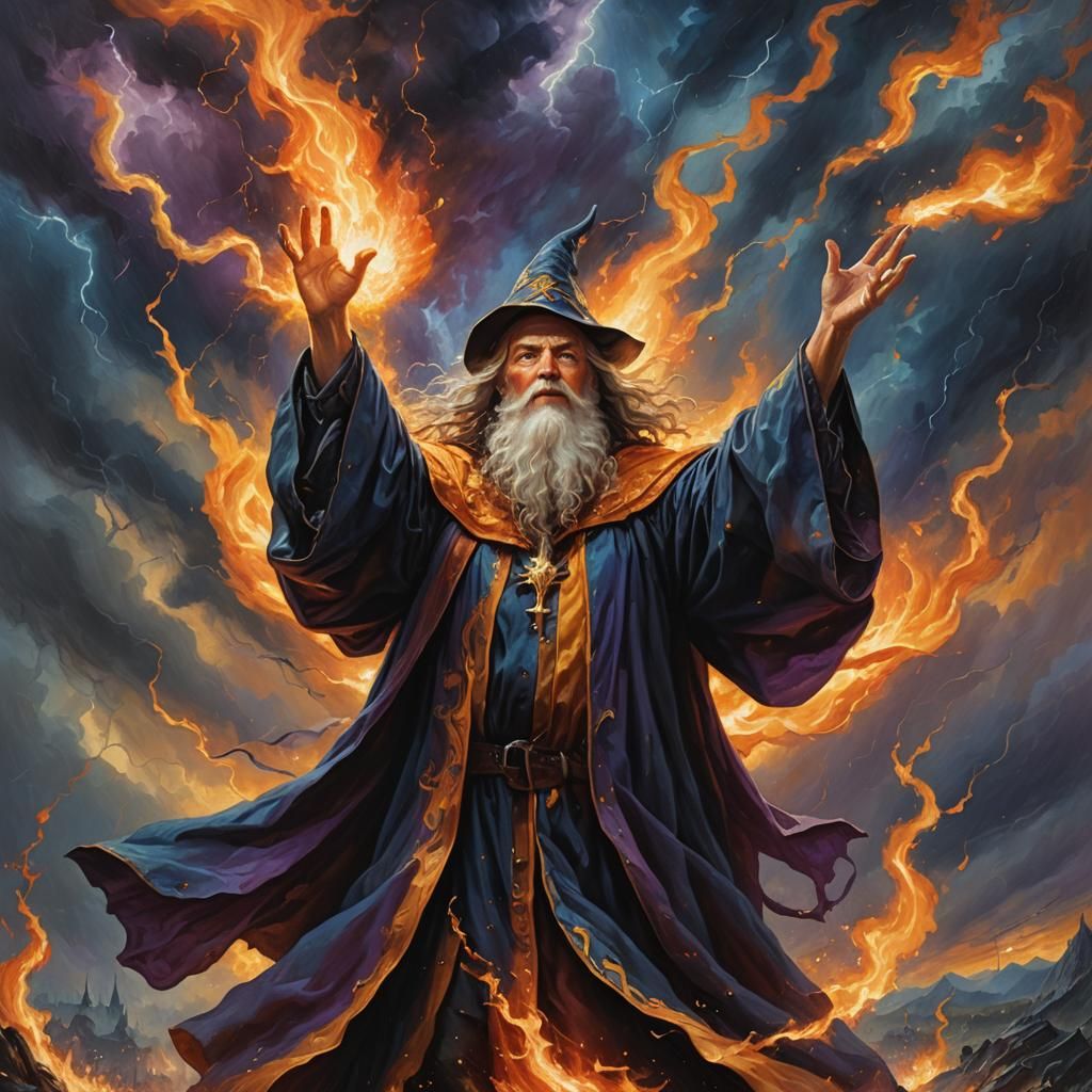 Wizard Conjures Firestorm in Oil Painting
