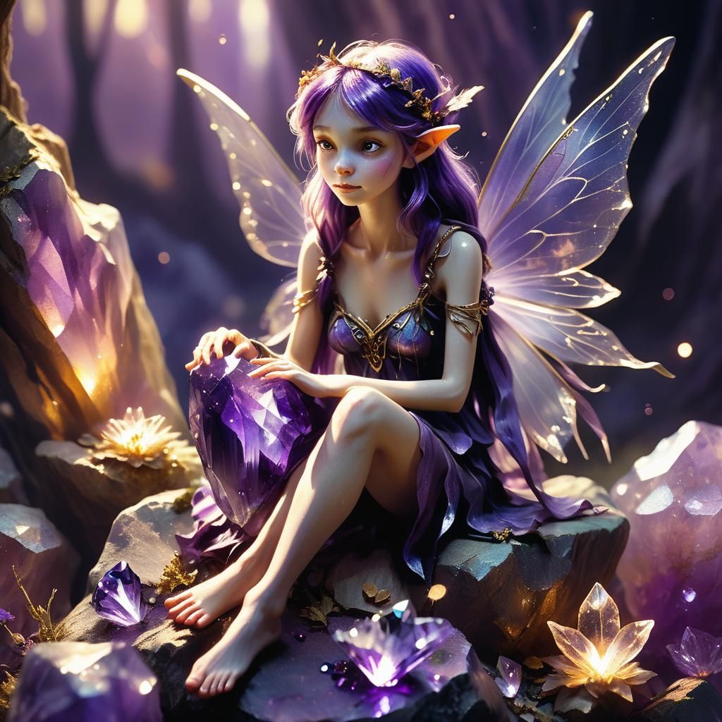 Fairy on Amethyst Crystal, Whimsical Concept Art