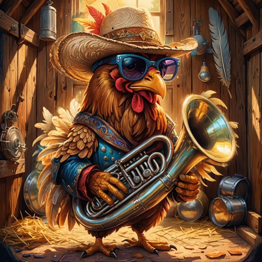 Pixar Style Chicken Playing Tuba in Sunglasses