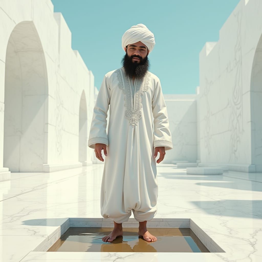 Cartoonish Hero Leans into Muddy Puddle on Marble Floor