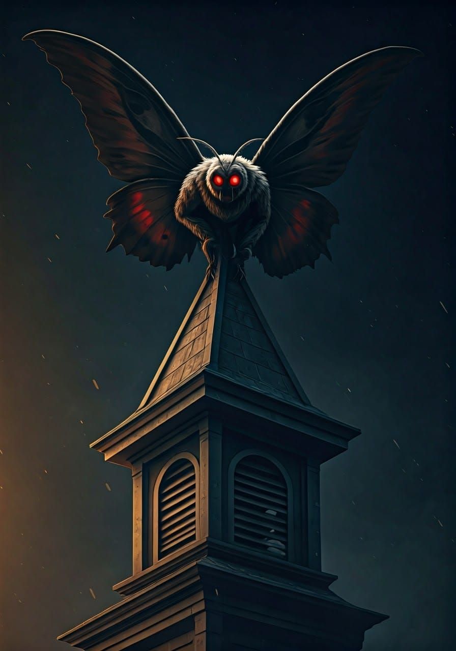 Mothman Cryptid Perched on Steeple at Night