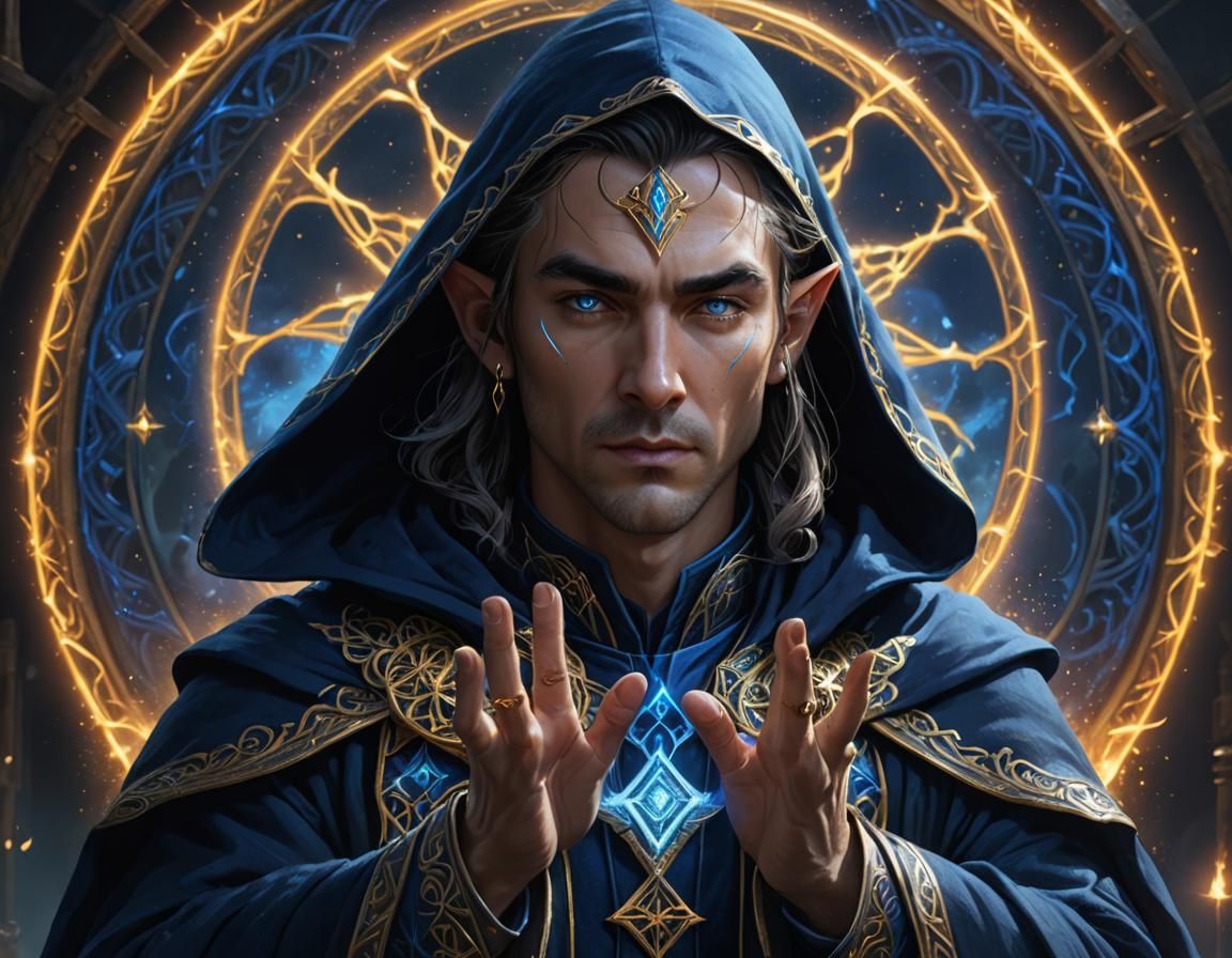Intense Half-Elven Mage Conjuring Arcane Magic
