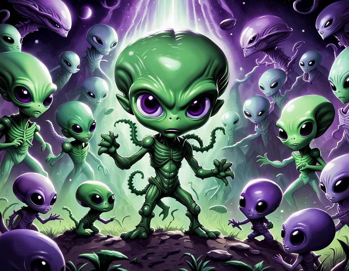 Green Versus Purple Aliens in Anime Style