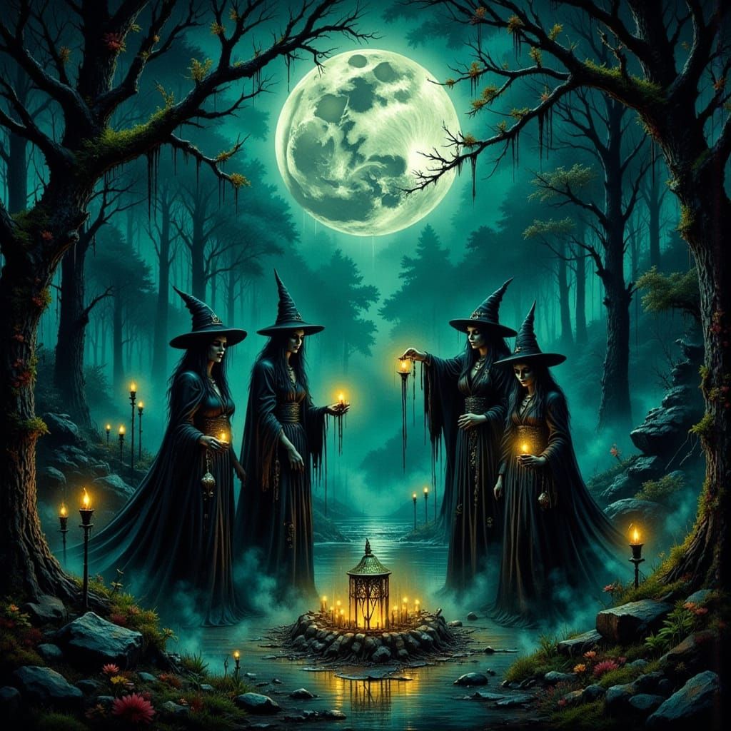 Witches Spellcasting Under Full Moon in Mystical Forest