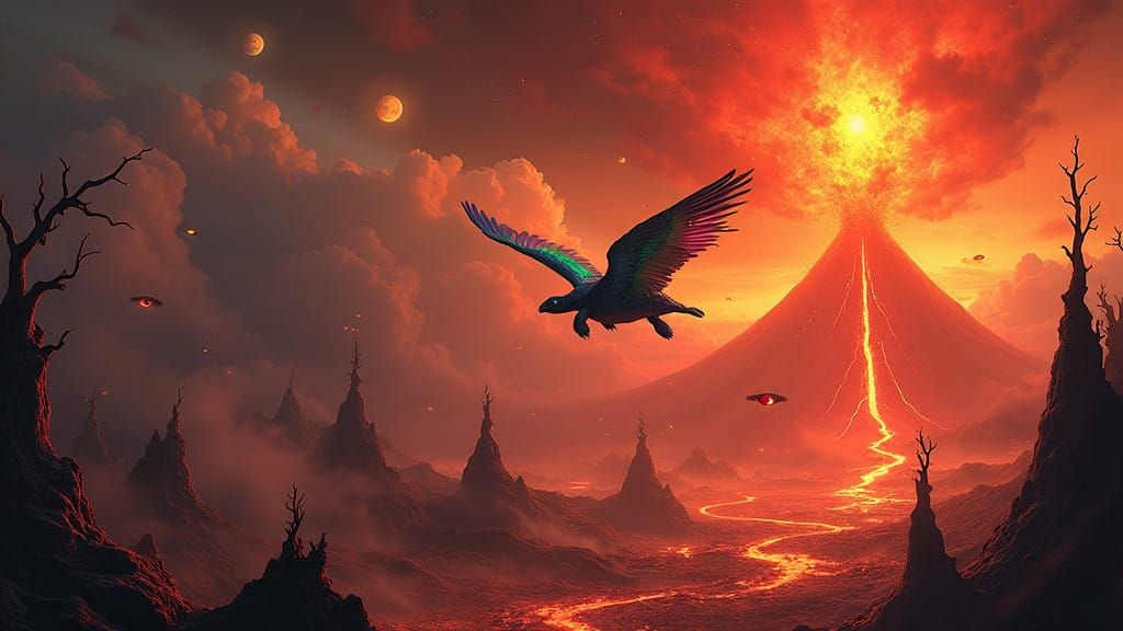 Surreal Apocalyptic Turtle Soars Through Crimson Skies