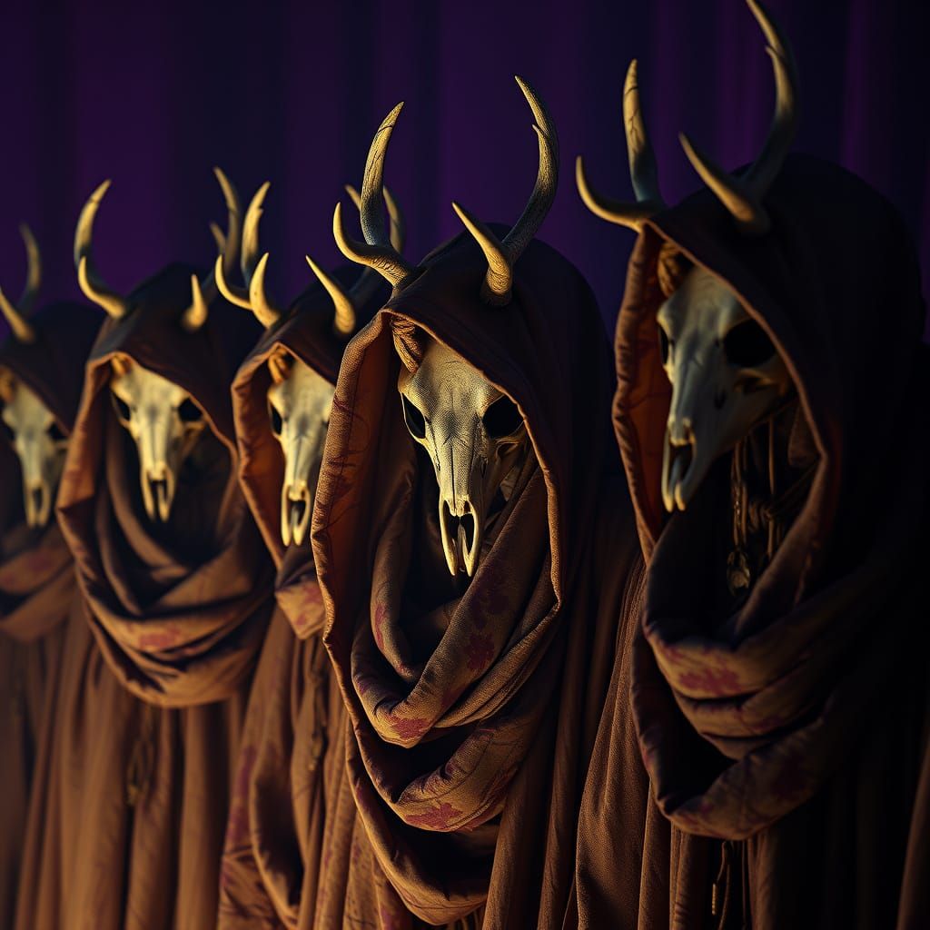 Dark Cultists in Tattered Hooded Robes with Deer Skull Masks