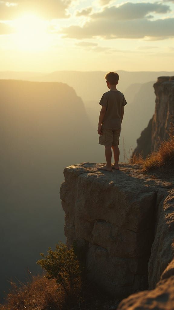 Boy on Cliff Overlooking Vista, Cinematic Lighting