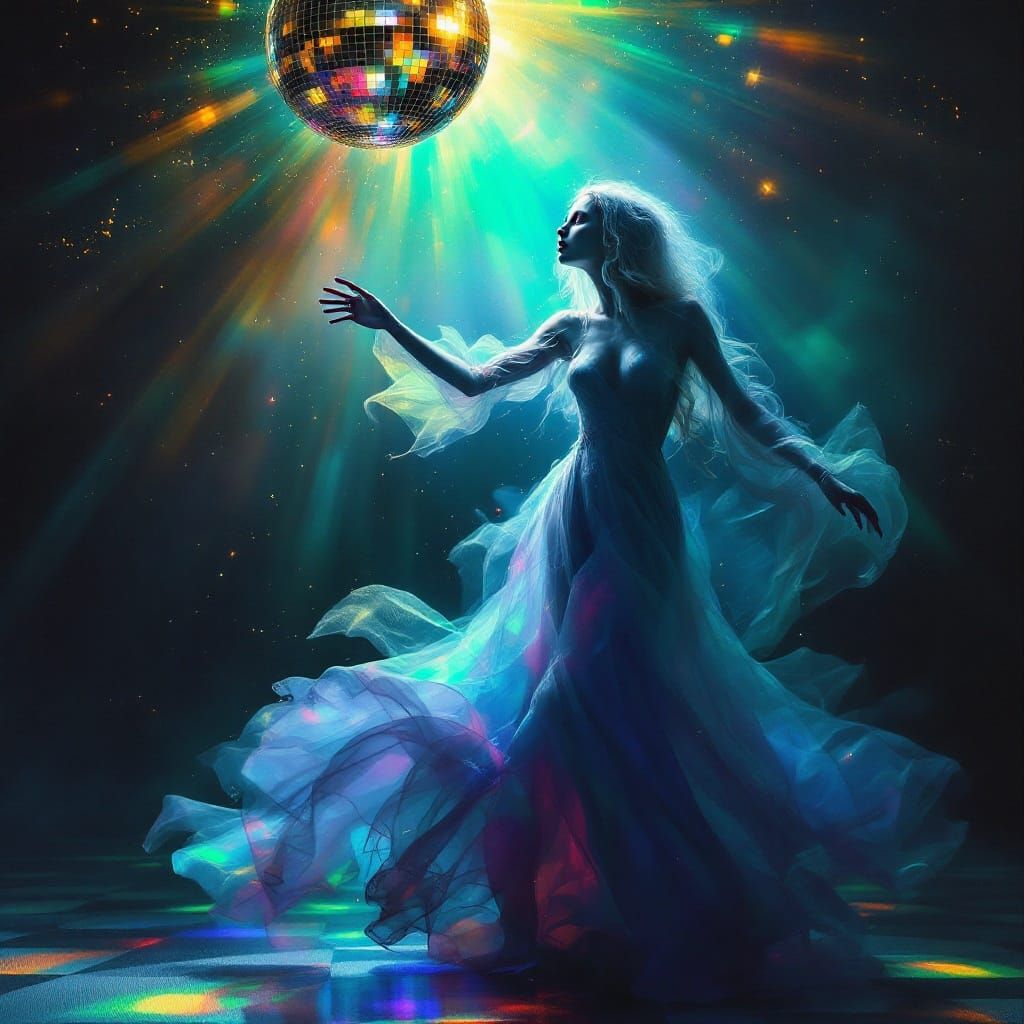 Ghost Dancing Under Disco Ball in Surreal Style