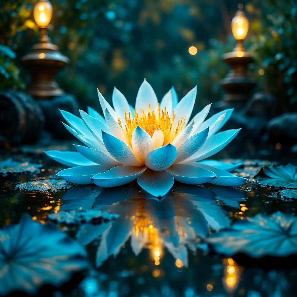 Neon Lotus Flower in Futuristic Landscape