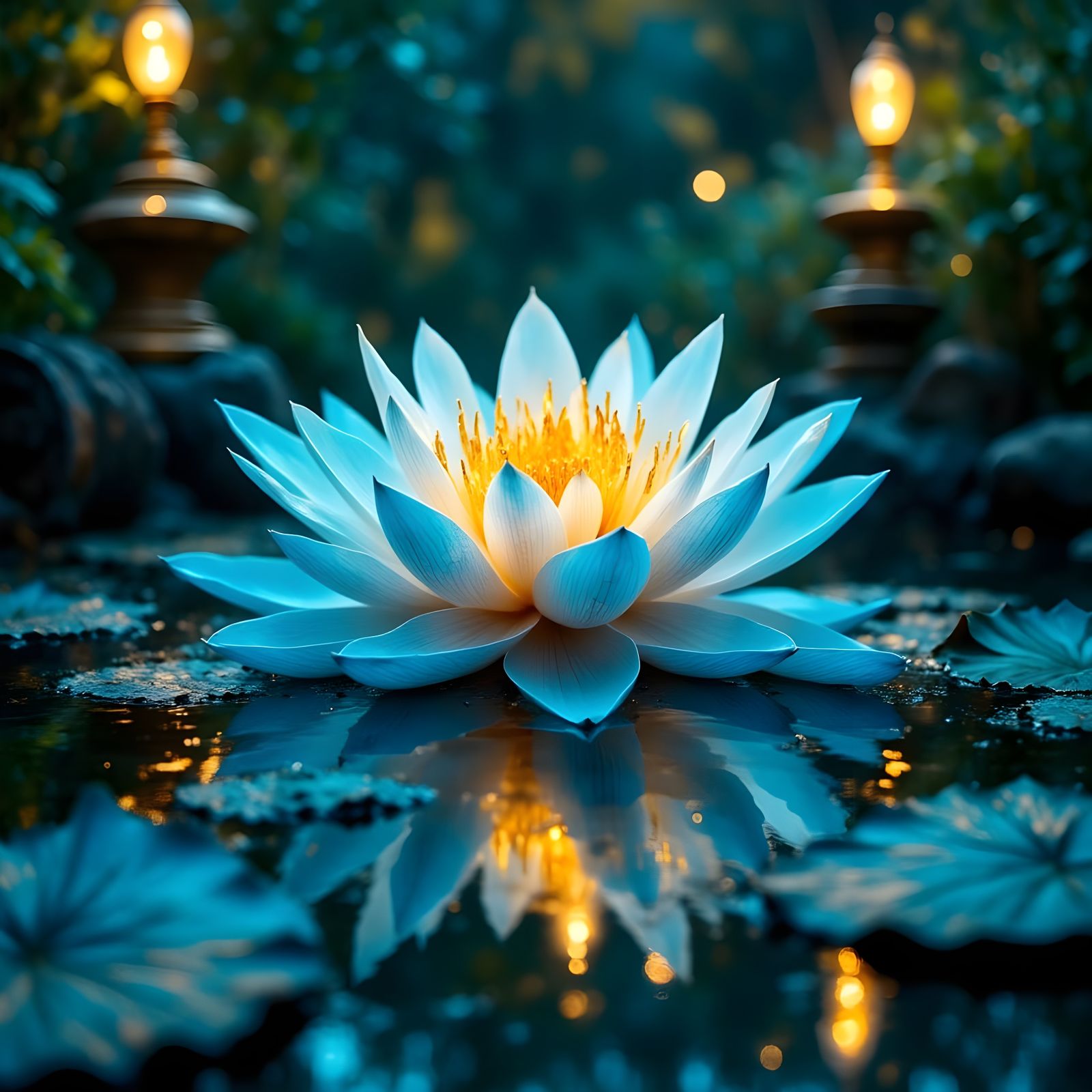 Neon Lotus Flower in Futuristic Landscape