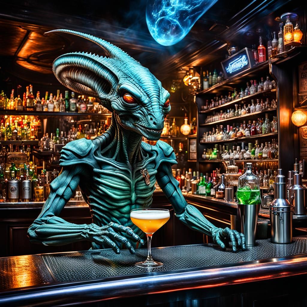 Lizard Bartenders Crafting Cocktails in Smokey Sci-Fi Bar
