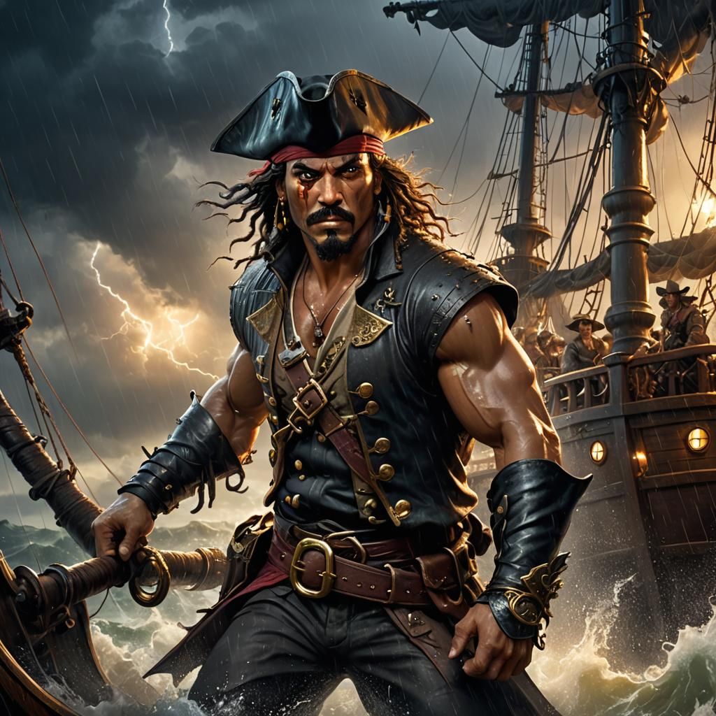 Pirate Battles Storm in Hyper-Realistic Digital Art