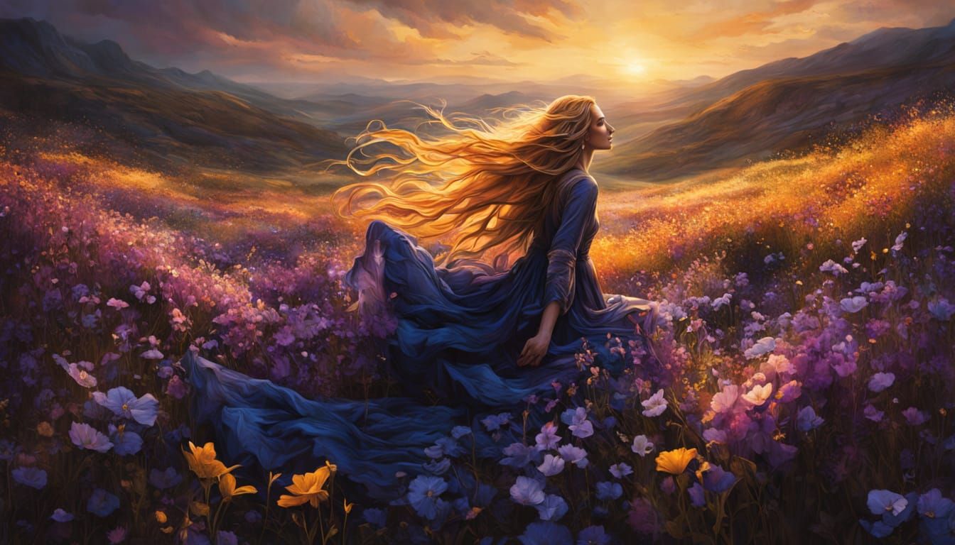 Hyperrealistic Golden Hour Portrait in Vibrant Floral Settin...