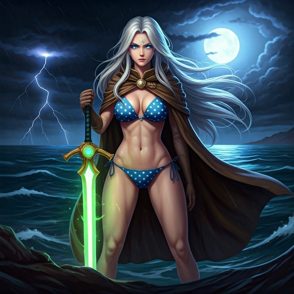 Anime Warrior Woman with Glowing Sword on Shore